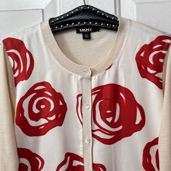 DKNY Women's Silk Sz L Cardigan Sweater Button Up Ivory Front w/Red Roses - Picture 2 of 9